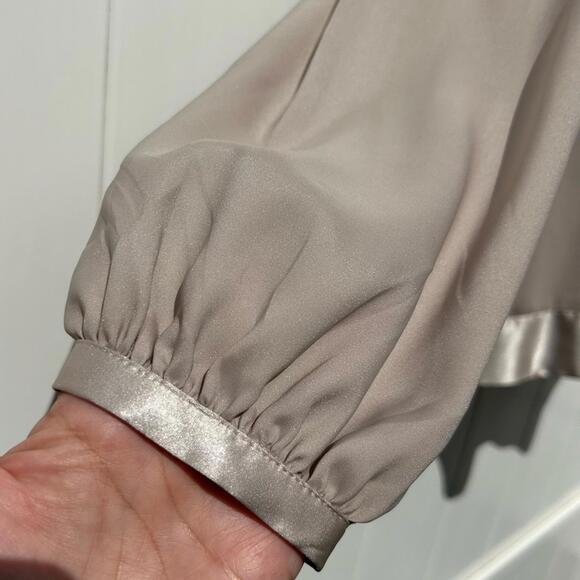 BCBGMAXAZRIA Long Sleeve Asymmetrical Yoke, Pleats, Tie Nape Beige Blouse | XL - Picture 4 of 10